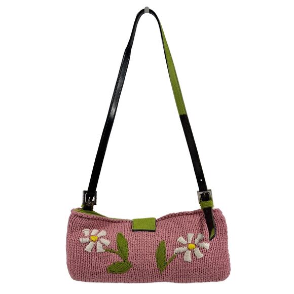 Fendi Vintage Pink Knit Floral Green Cow Print Pony Hair Trim Baguette Bag - Picture 3 of 7